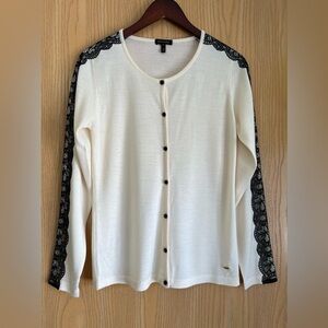 Escada | Women’s SZ M | Cream Cardigan | Black Lace Accents EUC